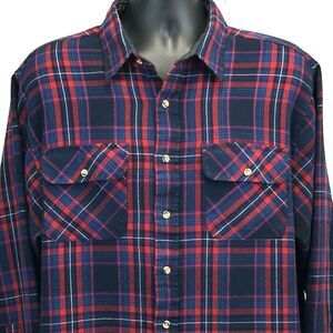 Vintage 80s Plaid Flannel Button Front Shirt Sears The Mens Store Blue XXL 2XL